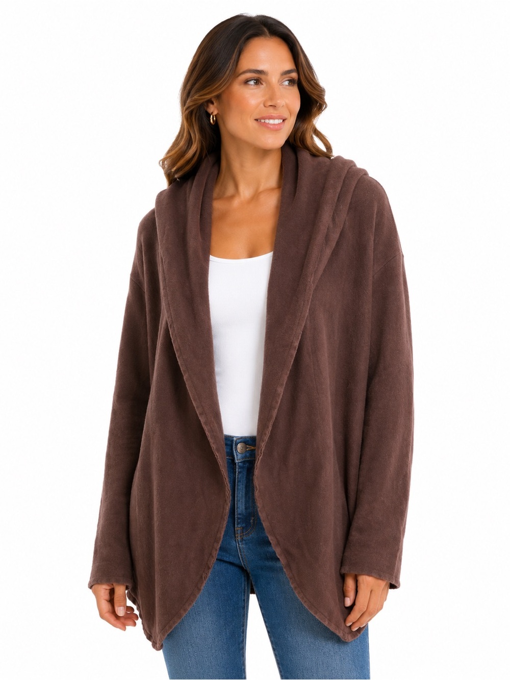 Arwen Brown Bamboo Rayon Open Front Hooded Cardigan XL Oversized Boho Duster